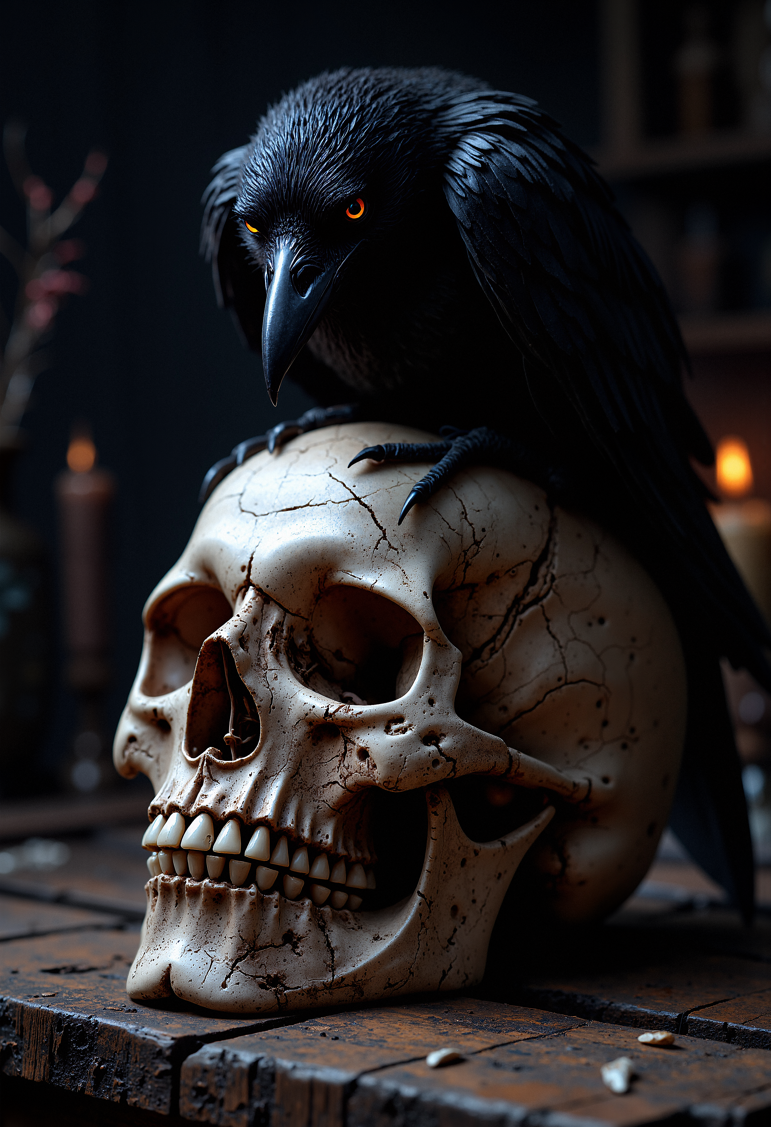 A close-up of a human skull, aged and cracked, resting on a wooden table. Perched on top of the skull is a large, black raven with piercing eyes. The raven’s feathers are detailed, with some ruffled as if it just landed. The skull’s eye sockets are deep and dark, with small cracks running across the surface, adding a sense of decay and age. The table is rough and worn, with visible grain and splinters. The background is dark, with a faint hint of candlelight flickering in the distance, creating a haunting, gothic atmosphere. An old, abandoned library with cobwebs hanging from the shelves.<lora:FluxMythP0rtr4itStyle:0.8> MythP0rt, <lora:aidmaImageUpgrader-FLUX-V0.1:0.25> detailmaximizer,