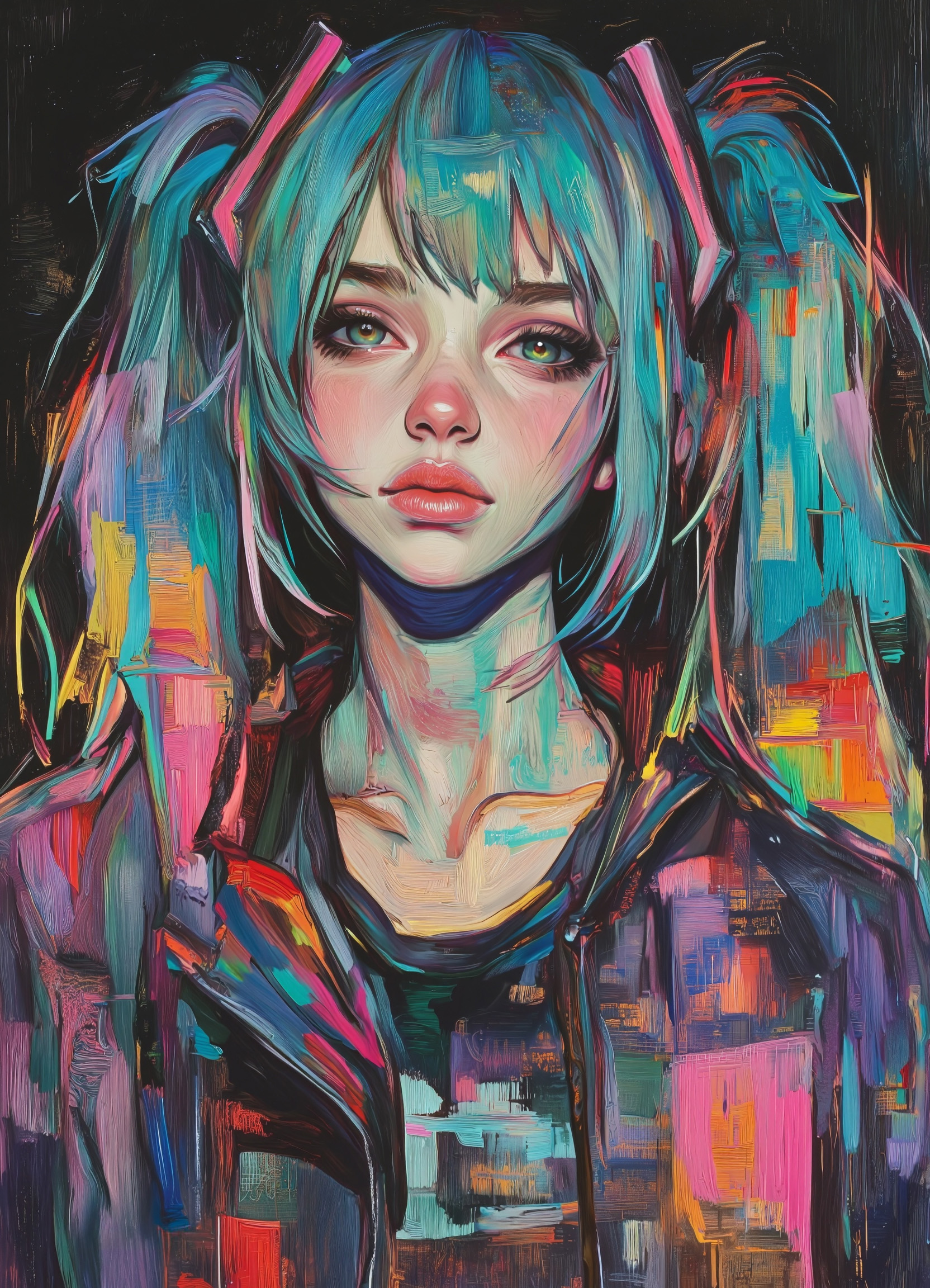 Hatsune Miku,limited palette,black background,colorful,vibrant,glowing outline,neon,blacklight,looking at viewer, masterpiece, very aesthetic, realistic, photo
