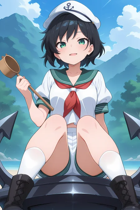 absurdres, highres, masterpiece, best quality, amazing quality, official anime artwork, screencap, anime screencap, outdoors, looking at viewer, light smile, open mouth, dynamic pose,
<lora:Minamitsu-Murasa_Illustrious:1> murasa minamitsu, 1girl, solo, green eyes, black hair, short hair,, white hat, sailor hat, white shirt, short sleeves, green sailor colar, red neckerchief, white shorts, white socks, black boots, holding hishaku, oversized anchor, sitting on anchor,