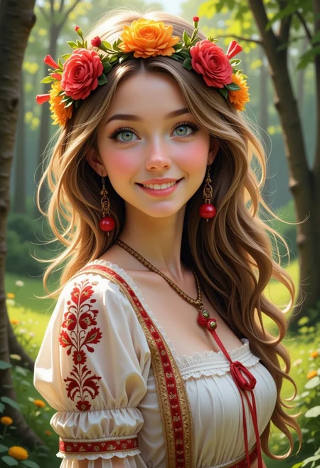 A stunning Slavic girl with long, flowing light brown hair and deep blue eyes stands in a picturesque forest clearing. She wears a traditional embroidered white blouse with red and gold patterns and a bright flower crown on her head, decorated with ribbons fluttering in the wind. Her serene smile reflects warmth and grace. The background is a lush green forest with soft sunlight filtering through the trees, creating a magical atmosphere. The style is very detailed and realistic, capturing the textures of the fabric, the natural beauty of her features and the play of light and shadow.