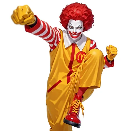 masterpiece, best quality, very aesthetic, absurdres, white background, simple background, 1boy, RonaldMcDonald, clown, pale white skin, red nose, yellow jumpsuit, red and white striped sleeves, red and white striped socks, red clown shoes, yellow shoelaces, yellow gloves, red seamed pockets, shirt collar, red hair, afro, facepaint, red lips, blurry, clenched hand, depth of field, incoming attack, incoming punch, knee up, male focus, reaching towards viewer, standing on one leg, evil grin