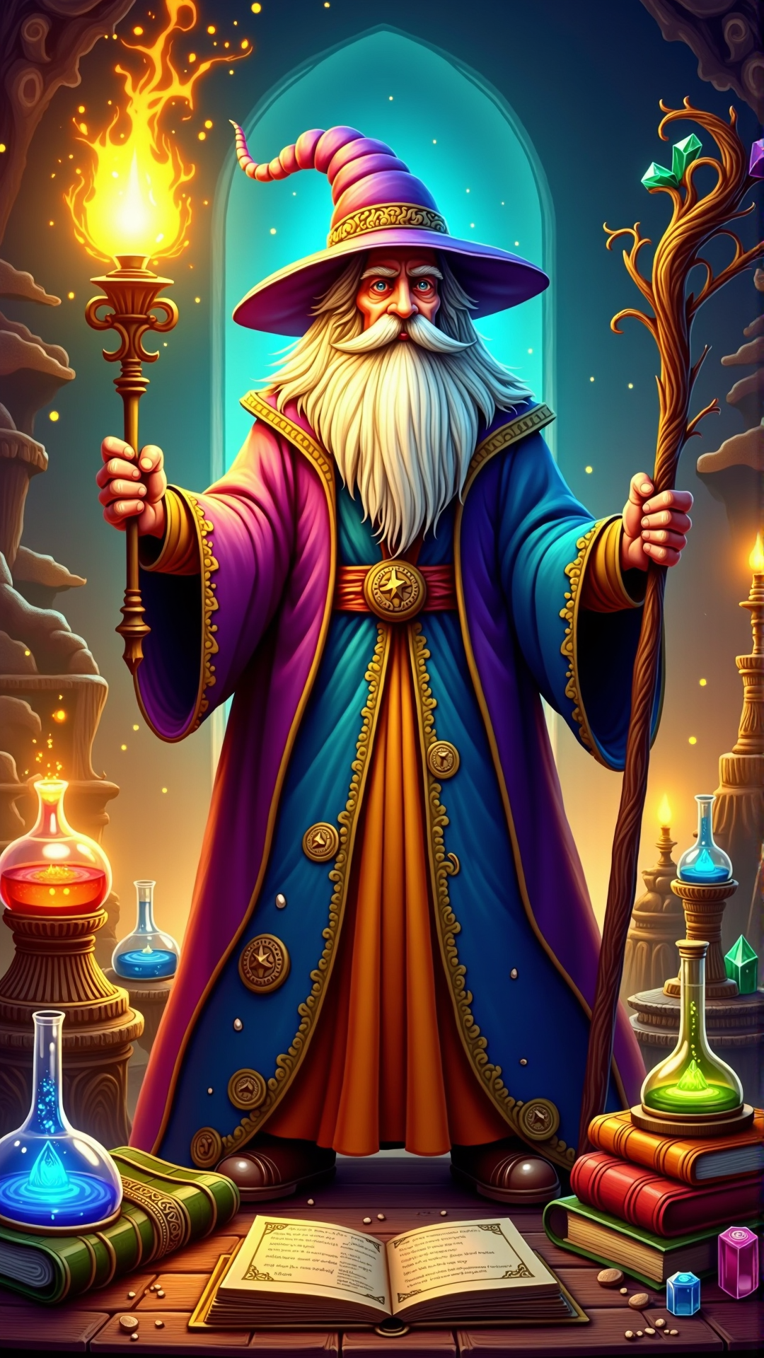 colorful, old wizard in robe, pointy hat, long white beard, holding a glowing staff, surrounded by bubbling potions, ancient manuscripts, mystical artifacts, glowing crystals, dusty books, candles, dimly lit, warm colors, golden hour, cozy, atmospheric, detailed background, dramatic, intricate, enchanting<lora:NoctichromeFlux:0.65>