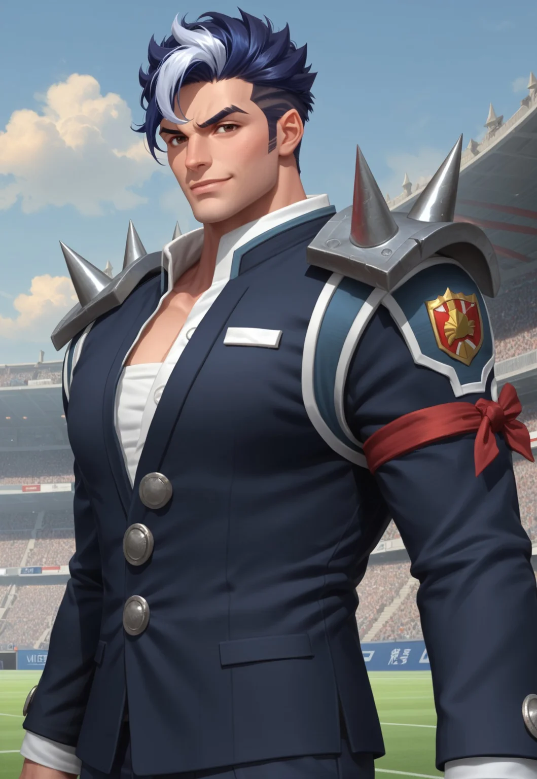 safe_pos, Score_9, Score_8_up, Score_7_up, Academy Darius, 1boy, solo, thick upper body, bara, masculine, male focus, handsome, mischievous smirk, looking down at viewer, multicolored hair, blue hair, [[white hair]], brown eyes, perfect eyes, muscular, muscular male, pectorals, school uniform, pants, dynamic action, dynamic image, foreshortening,

late afternoon, streaked sky, anime, soccer field, (masterpiece:1.35), (very aesthetic, best quality:1.3), detailed shading, detailed skin, realistic shading, highly detailed, intricate details, masterful composition, cinematic lighting, Expressiveh