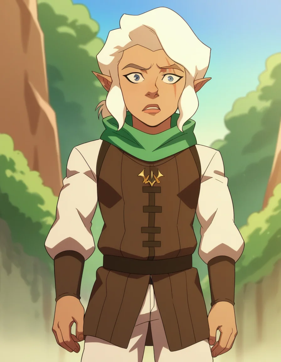 score_9, score_8_up, score_7_up, source_anime,
piketrickfoot, <lora:pike-trickfoot-ponyxl-lora-nochekaiser:1>,
pike trickfoot, white hair, pointy ears, dark skin, grey eyes, scar, scar on face, scar across eye,
scarf, green scarf, boots, pants, white pants,
outdoors,
looking at viewer, dutch angle, cowboy shot,