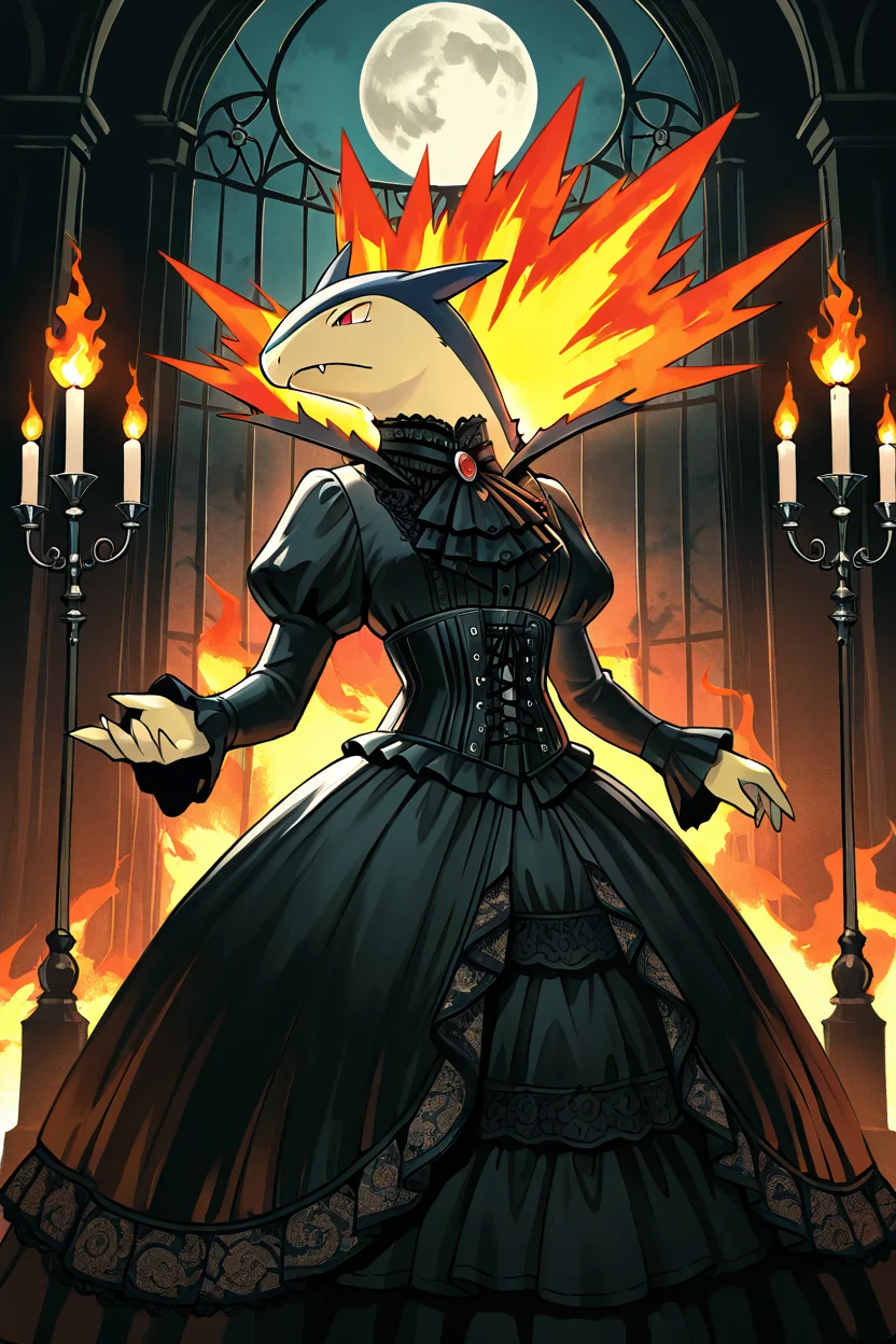 masterpiece, best quality, no humans, pokemon (creature), fire, <lora:TyphlosionPokedexIXL:1.0>, Victorian Gothic, zzTyphlosion wearing dark Victorian clothing, lace, corset, long skirt, high collar, eerie mansion, candelabra, full moon, moody atmosphere