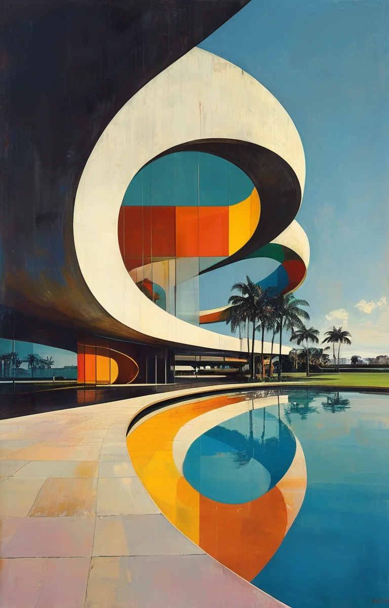 masterpiece,best quality,<lora:tbh313-sdxl:0.75>,illustration,designed by Oscar Niemeyer, Postmodern corporate headquarters with playful, colorful elements reminiscent of Michael Graves