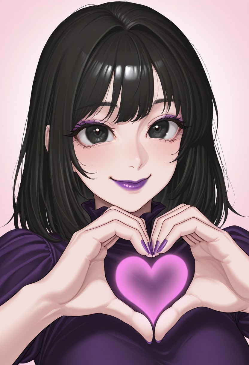 ,  1girl, solo, medium build, medium hair, sfw, safe for work, covered skin, flowy dress,  black eyes, purple lipgloss, smiling, portrait, upper body, heart hands, foreshortening, detailed, newest, tomiokasena