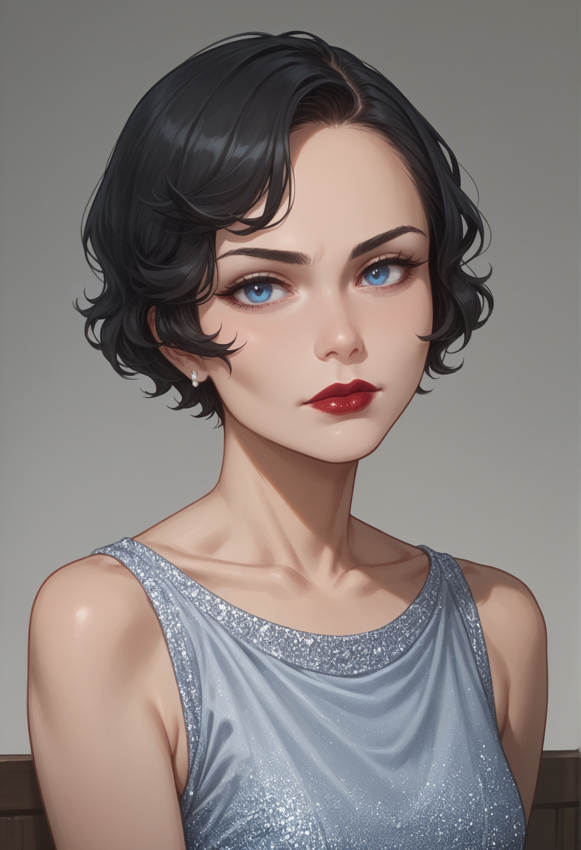 score_9, score_8_up, score_7_up, score_6_up, 1girl, solo, lipstick, black hair, blue eyes, hud_fngrw4ves, short hair, dress,  <lora:hud_fngrw4ves_XLP:0.8> , closed mouth, standing, upper body,