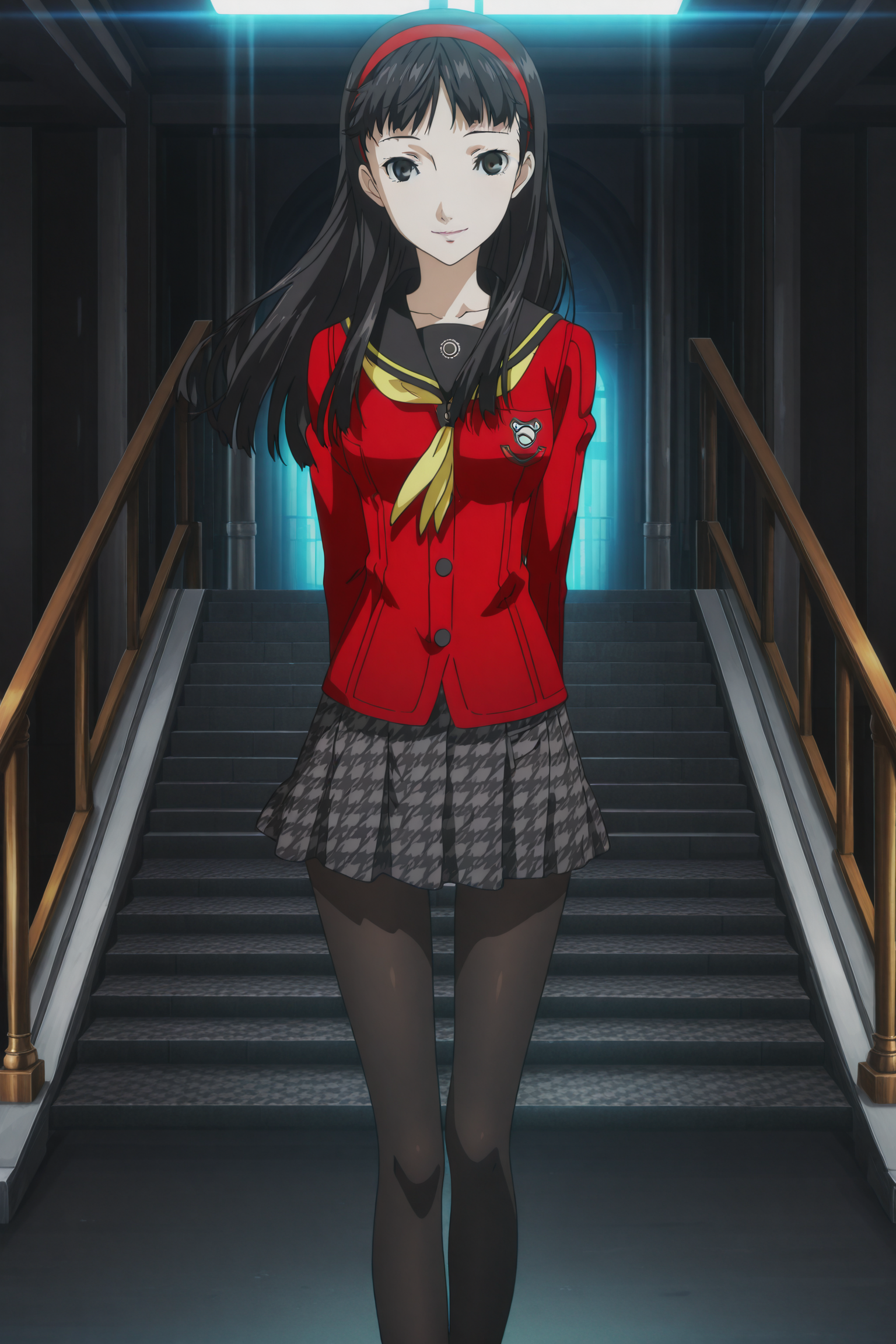 anime screencap, anime coloring, detailed face, masterpiece, best quality, very aesthetic, absurdres, volumetric lighting, official style, amazing quality, ultra detailed, highres, amazing quality, scenery, beautiful detailed hair, beautiful detailed eyes,
<lora:StS-Illustrious-Detail-Slider-v1.0:4>
<lora:Chie_Satonaka_and_Yukiko_Amagi_Persona_4:.7>
<lora:Persona_5_Royal_and_Strikers_2D_cutscene_art_style_Illustrious_V2:1>
1girl, amagi yukiko, solo, pantyhose, red school uniform, black hair, long hair, hairband, skirt, dark brown eyes, yasogami school uniform, serafuku, legs, houndstooth, black pantyhose, looking at the viewer, smile