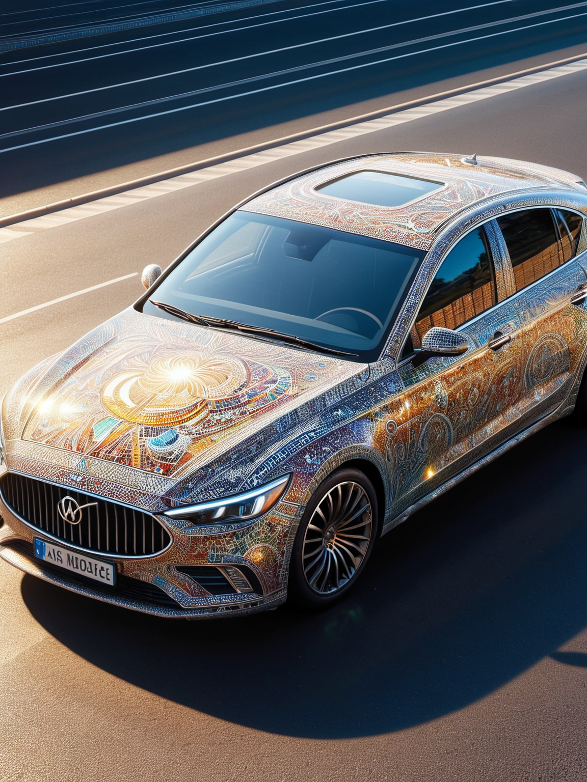 A ais-mosaic Car shining in the sun <lora:Mosaic_Texture_SDXL:1>