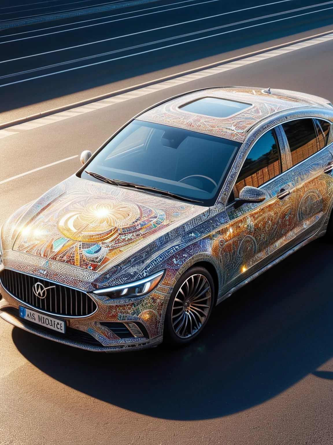 A ais-mosaic Car shining in the sun <lora:Mosaic_Texture_SDXL:1>