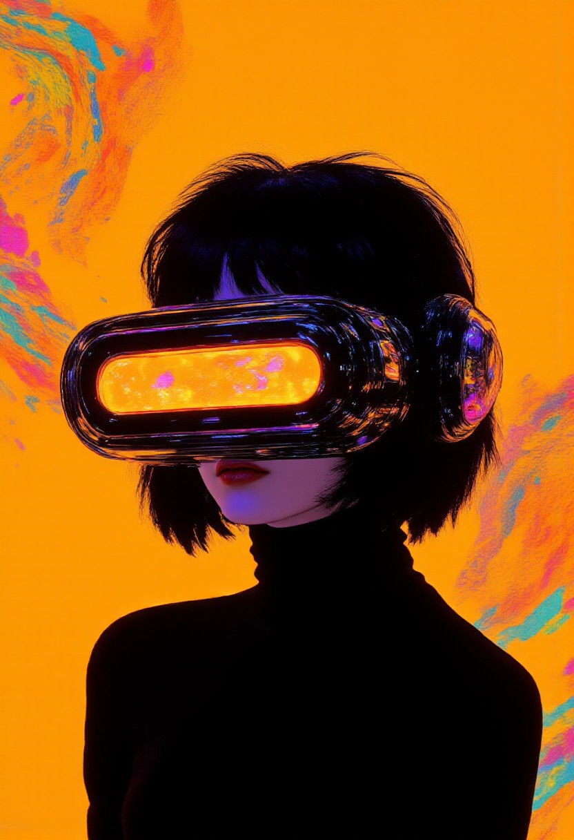 HD, high-resolution cyberpunk-inspired photograph featuring a young woman with short, tousled hair, dressed in a sleek black turtleneck with a high collar. Large, glossy black over-ear headphones frame their face, contrasting sharply with the vibrant, uniform yellow background, now adorned with vibrant illusion patterns that ripple across the surface. These swirling, geometric designs in neon hues of purple, pink, and cyan create a dynamic, futuristic effect, enhancing the immersive atmosphere. A glowing, rectangular screen hovers over their eyes, emitting a vivid orange light that suggests a futuristic virtual reality interface or cybernetic enhancement, casting a subtle glow onto their face. The background’s bold yellow tone, combined with the illusion patterns, heightens the contrast of the figure's dark attire and accessories, emphasizing the minimalist yet impactful composition. The image is styled with a retro-futuristic touch, featuring a subtle grainy texture reminiscent of early digital photography, adding depth and a nostalgic edge to the cyberpunk aesthetic. The sharp interplay of bold colors, glowing technology, and clean lines evokes themes of virtual reality immersion, advanced technology, and modern digital exploration, with a hint of mystery and innovation in the partially obscured face. (midjourney_whisper_avant_couture, aidmaimageupgrader, ne0nfant4sy, aidmaMJ6.1, perfection style)