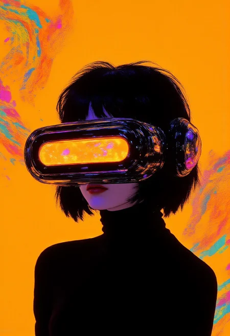 HD, high-resolution cyberpunk-inspired photograph featuring a young woman with short, tousled hair, dressed in a sleek black turtleneck with a high collar. Large, glossy black over-ear headphones frame their face, contrasting sharply with the vibrant, uniform yellow background, now adorned with vibrant illusion patterns that ripple across the surface. These swirling, geometric designs in neon hues of purple, pink, and cyan create a dynamic, futuristic effect, enhancing the immersive atmosphere. A glowing, rectangular screen hovers over their eyes, emitting a vivid orange light that suggests a futuristic virtual reality interface or cybernetic enhancement, casting a subtle glow onto their face. The background’s bold yellow tone, combined with the illusion patterns, heightens the contrast of the figure's dark attire and accessories, emphasizing the minimalist yet impactful composition. The image is styled with a retro-futuristic touch, featuring a subtle grainy texture reminiscent of early digital photography, adding depth and a nostalgic edge to the cyberpunk aesthetic. The sharp interplay of bold colors, glowing technology, and clean lines evokes themes of virtual reality immersion, advanced technology, and modern digital exploration, with a hint of mystery and innovation in the partially obscured face. (midjourney_whisper_avant_couture, aidmaimageupgrader, ne0nfant4sy, aidmaMJ6.1, perfection style)