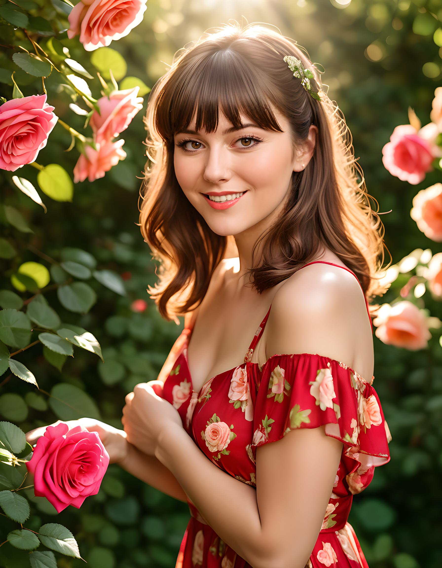 In a vibrant, sun-drenched midsummer garden, the subject M4RY3W, a woman of brown hair with bangs and captivating brown eyes that sparkle with warmth, is framed in an intimate portrait. Her lips curve into a radiant smile as she gazes directly at the viewer, her gaze soft yet intense. She wears a vintage-inspired, cherry red dress that complements her warm complexion and exudes elegance. Delicate petals of roses cascade around her, creating a romantic backdrop against the soft, golden light filtering through the leaves above. The lush greenery and dappled sunlight serve as a beautiful testament to the subject's vibrant spirit and undeniable allure.