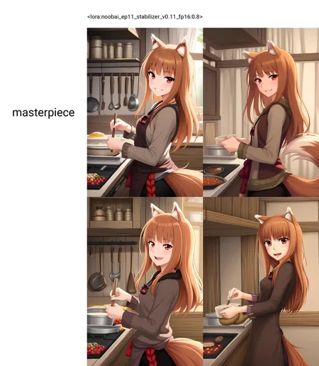 <lora:noobai_ep11_stabilizer_v0.11_fp16:0.8>1girl,holo,spice and wolf,looking at viewer,from side,cooking,kitchen,masterpiece,