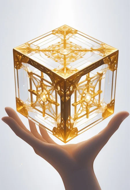 (masterpiece), best quality, Anime, (Floating Cube, (hand holding cube)), White Background, No Humans, Gold and White Theme, Gold Filigree, (Light Refraction), Symphtia-Style, Zyrnox-Exoterra Style