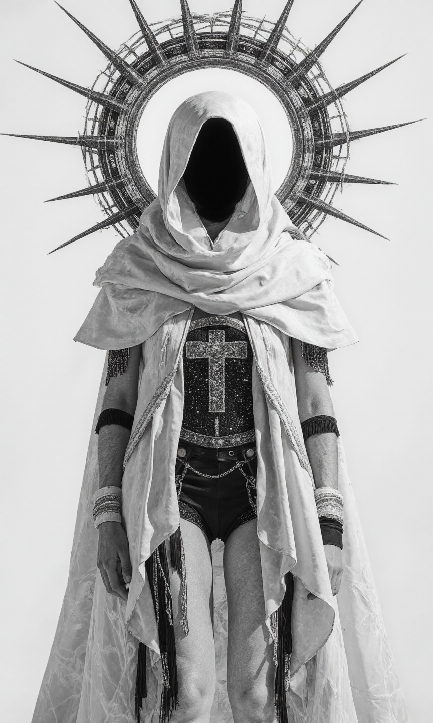 A medium, eye-level shot showcases a digital artwork of a figure adorned in an elaborate, futuristic, white-and-black costume, set against a plain, white background, the overall aesthetic is a blend of high-fashion, gothic, and celestial elements, creating a striking, almost otherworldly appearance. The figure, whose face is completely obscured by a black void beneath a white hood, with its Body pose is standing tall and facing the camera directly, creating an imposing and enigmatic presence, and the pose is static and symmetrical, emphasizing the intricate details of the costume. The image Composition relies on sharp lines, smooth gradients, and a stark contrast between black and white, with subtle hints of silver, creating a sense of futuristic elegance. A large, black, spiked halo-like structure encircles the figure's head, resembling a crown of thorns or a stylized sunburst, with the spikes extending outwards, dominating the upper portion of the image, and a bright spot right on the top of the head. The figure is draped in a flowing, white, satin-like cloak or robe, which covers most of its body, with The cloak features intricate details, such as sheer, layered sleeves with black trim, and delicate, silver embellishments along the edges, and draped elegantly. Beneath the cloak, a black, form-fitting bodice or corset is visible, adorned with sparkling details that resemble a starry night sky, with The bodice features a central, ornate design resembling a stylized cross or celestial symbol, and long, black, fringe-like elements hang from the bottom of the bodice, adding movement and texture. Delicate silver chains and embellishments are draped across the figure's chest and shoulders, adding to the overall celestial and regal aesthetic, all of that is on a Background, is pure white and completely unadorned, The lighting is bright and even, seemingly coming from the front, illuminating the figure uniformly and casting subtle shadows beneath the folds of the cloak and the halo's spikes., <lora:FLUX-daubrez-DB4RZ-v2:0.3> DB4RZ, DB4RZ style painting
<lora:aidmaRealisticSkin:0.8> aidmarealisticskin