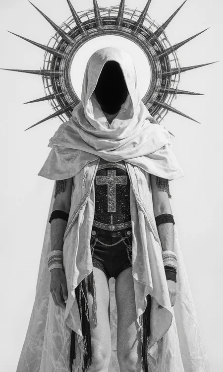 A medium, eye-level shot showcases a digital artwork of a figure adorned in an elaborate, futuristic, white-and-black costume, set against a plain, white background, the overall aesthetic is a blend of high-fashion, gothic, and celestial elements, creating a striking, almost otherworldly appearance. The figure, whose face is completely obscured by a black void beneath a white hood, with its Body pose is standing tall and facing the camera directly, creating an imposing and enigmatic presence, and the pose is static and symmetrical, emphasizing the intricate details of the costume. The image Composition relies on sharp lines, smooth gradients, and a stark contrast between black and white, with subtle hints of silver, creating a sense of futuristic elegance. A large, black, spiked halo-like structure encircles the figure's head, resembling a crown of thorns or a stylized sunburst, with the spikes extending outwards, dominating the upper portion of the image, and a bright spot right on the top of the head. The figure is draped in a flowing, white, satin-like cloak or robe, which covers most of its body, with The cloak features intricate details, such as sheer, layered sleeves with black trim, and delicate, silver embellishments along the edges, and draped elegantly. Beneath the cloak, a black, form-fitting bodice or corset is visible, adorned with sparkling details that resemble a starry night sky, with The bodice features a central, ornate design resembling a stylized cross or celestial symbol, and long, black, fringe-like elements hang from the bottom of the bodice, adding movement and texture. Delicate silver chains and embellishments are draped across the figure's chest and shoulders, adding to the overall celestial and regal aesthetic, all of that is on a Background, is pure white and completely unadorned, The lighting is bright and even, seemingly coming from the front, illuminating the figure uniformly and casting subtle shadows beneath the folds of the cloak and the halo's spikes., <lora:FLUX-daubrez-DB4RZ-v2:0.3> DB4RZ, DB4RZ style painting
<lora:aidmaRealisticSkin:0.8> aidmarealisticskin