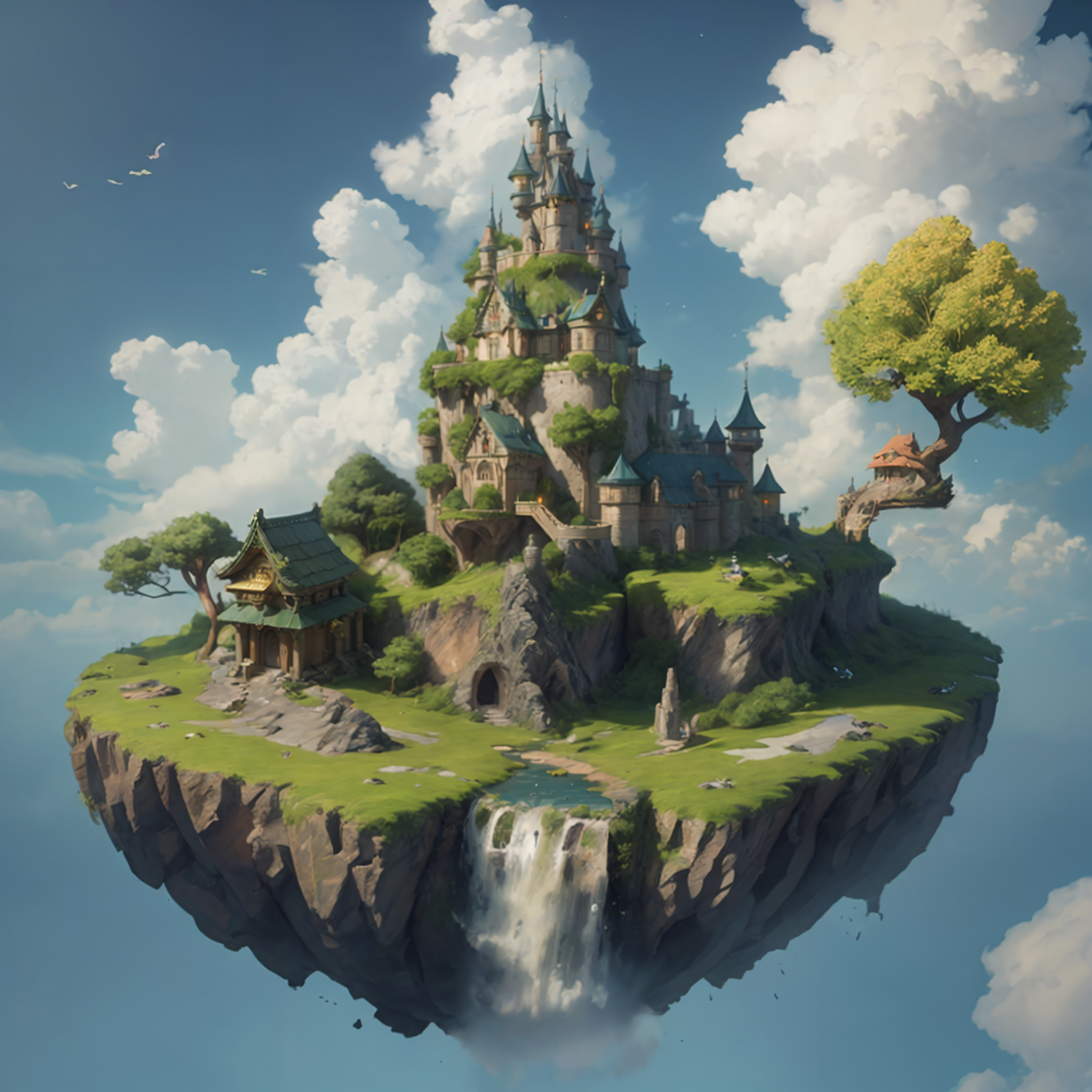 (incredibly detailed, 8k, hd, ultra-detailed) <lora:floating island:0.8> floating, island, fantasy, a town on a floating island, with, towers, trees,  temples, sky, blue sky    <lora:SyFyEye1_v2.0:0.8> syfyeye1 Style-GHL Style-EMCG