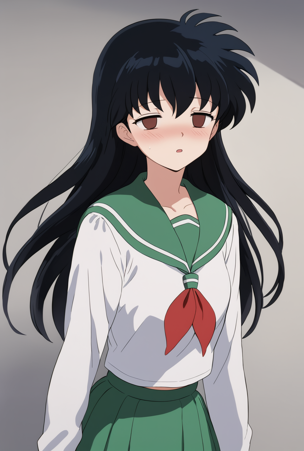 score_9,score_8_up,score_7_up, 1girl,    <lora:kagome-higurashi-ponyxl-lora-nochekaiser:0.7>  kagome higurashi, black hair, long hair, brown eyes, shirt, long sleeves, school uniform, white shirt, pleated skirt, neckerchief, green skirt, red neckerchief, anime coloring, <lora:hypnotized_face_pony2:0.8>, empty eyes, half-closed eyes, blush, (open mouth:0.7),  upper body,
