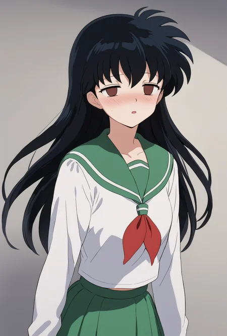 score_9,score_8_up,score_7_up, 1girl, <lora:kagome-higurashi-ponyxl-lora-nochekaiser:0.7> kagome higurashi, black hair, long hair, brown eyes, shirt, long sleeves, school uniform, white shirt, pleated skirt, neckerchief, green skirt, red neckerchief, anime coloring, <lora:hypnotized_face_pony2:0.8>, empty eyes, half-closed eyes, blush, (open mouth:0.7), upper body,