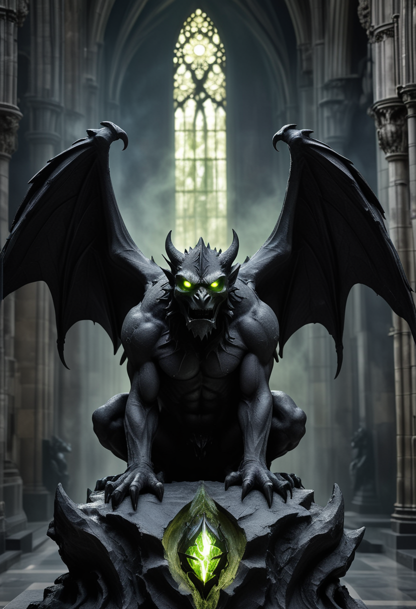(medium full shot) of (imposing obsidian black rough stone gargoyle) with humanoid body , feathered wings, olive green eyes, broken horns, spiked tail spines along back, set in  a mystical gothic cathedral, with glowing runes, echoing chants, an enchanting aura, ,Masterpiece,best quality, raw photo, realistic, very aesthetic, dark