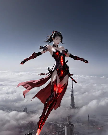 1girl,(sword-stepping flight:1.3),mechanical girl,<lora:yjfx0913xlå¾¡åé£è¡ v10:0.75>,girl standing on a sword suspended over the city,standing on the sword flying the sword flying over the clouds,(standing on the sword:1.4),above clouds,skyline,above clouds,(solo:1.2),(side:1.3),<lora:ç§å¹»-éªåé»çº¢sdxl:0.7>,blood and black,gray clouds,dark red light,fire of war,flying sword,red eyes,high quality exquisite wallpaper,wide_shot,photon force field,metal exquisite mechanical structure,(power_armor:1.3),helmet,armored_boots,black metal mecha red fluorescent,(black mecha:1.4),(mechanical limbs:1.5),layered_skirt,curled_horns,goat_horns,slit_pupils,lipstick,red mechanical fingers,