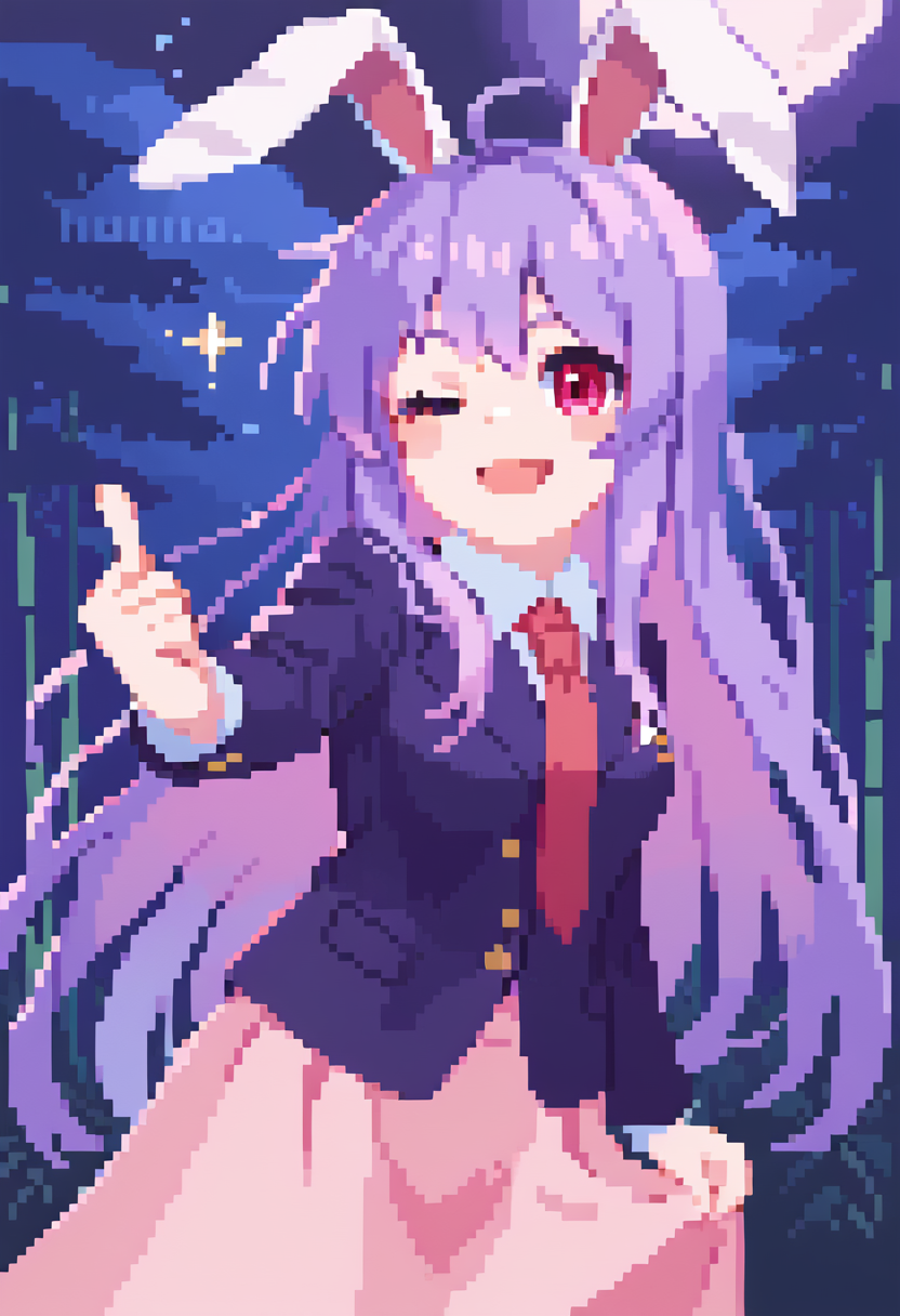 score_9, score_8_up, score_7_up, source_anime BREAK 1girl, solo, <lora:Futsu_Nomal_Style:0.8> Futsu_Nomal, pixel art, <lora:reisen_udongein_inaba_ponyxl:0.8> reisen_udongein_inaba, purple_hair, red_eyes, rabbit_ears, long_hair, white_shirt, red_necktie, pink_skirt, blazer, looking at viewer, one eye closed, winking, smiling, open mouth, finger gun, night sky, moon, bamboo forest, outdoors