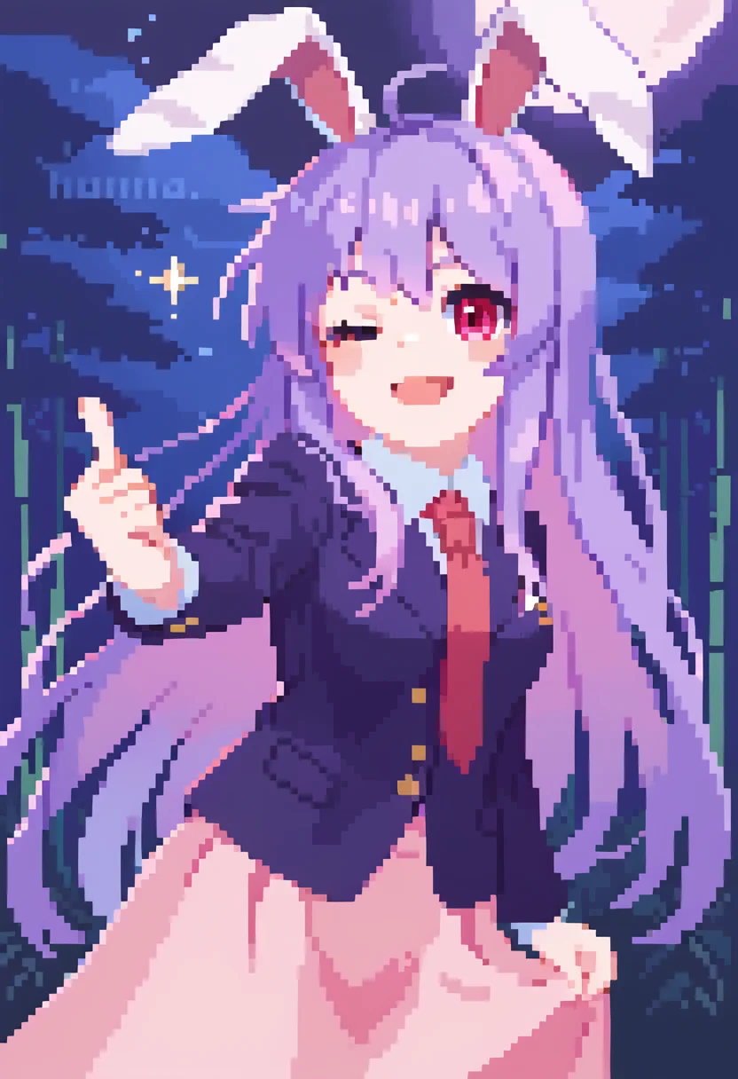 score_9, score_8_up, score_7_up, source_anime BREAK 1girl, solo, <lora:Futsu_Nomal_Style:0.8> Futsu_Nomal, pixel art, <lora:reisen_udongein_inaba_ponyxl:0.8> reisen_udongein_inaba, purple_hair, red_eyes, rabbit_ears, long_hair, white_shirt, red_necktie, pink_skirt, blazer, looking at viewer, one eye closed, winking, smiling, open mouth, finger gun, night sky, moon, bamboo forest, outdoors