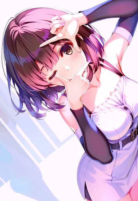 1girl, misaki kurehito, katou megumi, Megumi,brown hair,kato megumi,brown eyes, short hair , medium breasts,solo, finger frame, close to viewer,dynamic angle,dynamic composition, bare shoulders, black choker, detached sleeves, white dress, belt, short dress, one eye closed,masterpiece,best quality,high quality,good quality,newest,((detailed eyes))