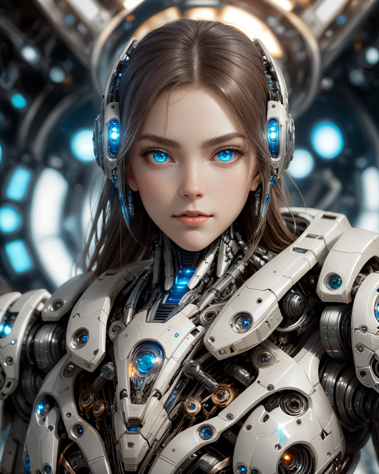 full_body, 1girl, mecha, glowing blue eyes, cute, biomechanical, complex robot, interior spaceship background in bokeh, hyper realistic, hyper detailed, intricate, insane fine details, crisp focus <lora:compb0t:0.8>