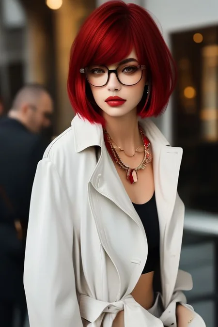 masterpiece, best quality, ultra detailed, bellissima, 1girl, white top, black pants, trench coat, Armani style, very short hair, red hair, freckles, earrings, necklace, glasses, cowboy shot