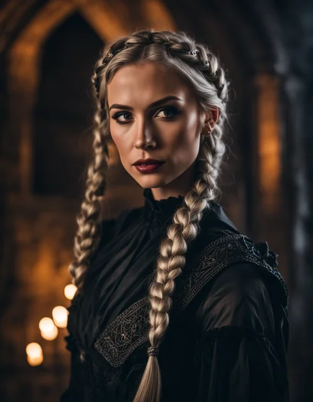 closeup of woman wearing gothic clothes, braided pigtails, in a castle, sharp focus, looking at the night time, Mystical atmosphere, cinematic