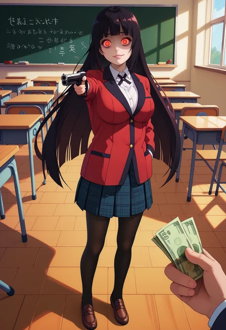 score_9, score_8_up, score_7_up, POV holding money,
yumeko jabami, long hair, bangs, black hair, very long hair, blunt bangs, hime cut, red eyes, large breasts, skirt, shirt, school uniform, jacket, white shirt, pantyhose, pleated skirt, collared shirt, black pantyhose, blazer, red jacket,
holding weapon, holding gun, handgun, hand in pocket, aiming, full body,
gesugao, constricted pupils, smug, shaded face,
school, inside school, dark classroom
<lora:YusufDikecGunPose_pdxl_Incrs_v1:0.8>
<lora:yumeko-jabami-s2-ponyxl-lora-nochekaiser:0.8>
<lora:POV_holding_money:0.8> , zPDXL2