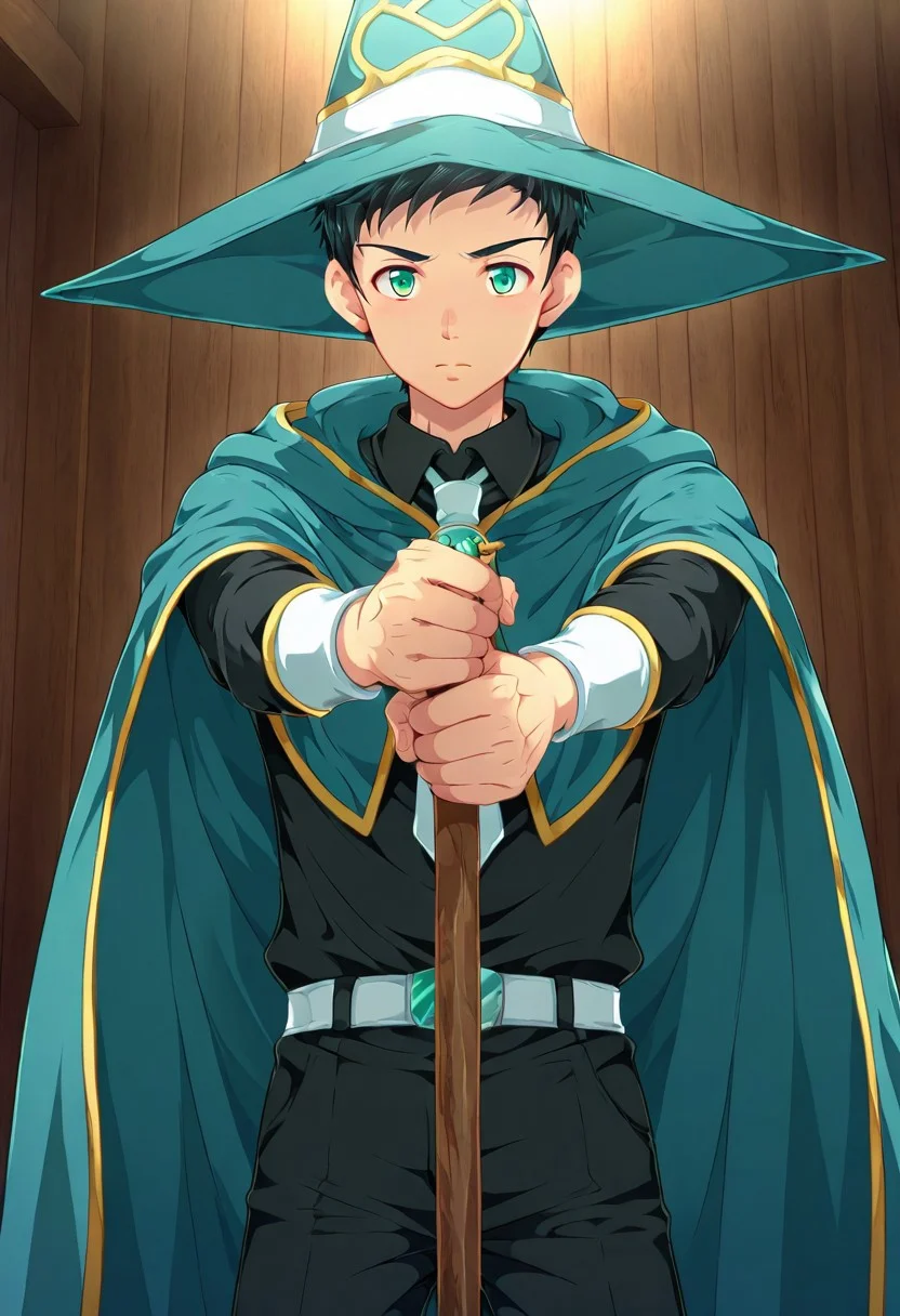 yuto_umemura, black hair, short hair, mint green eyes, 1boy, solo, male focus, large blue wizard hat with white band, long blue cloak with jagged dark yellow trim, black shirt and white tie, tall wooden staff topped with a skull, aiming to viewer pose, perfect hands, perfect eyes, highly detailed, cinematic style, dramatic lighting, detailed draw, detailed eyes, high quality, best quality, high definition