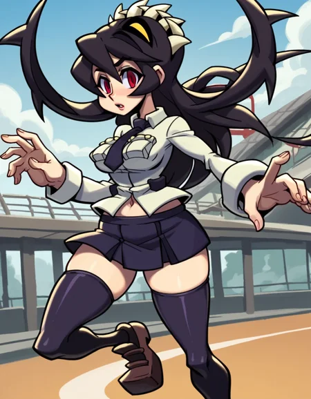 score_9, score_8_up, score_7_up, source_anime, <lora:skullgirls-filia-ingame-ponyxl-lora-nochekaiser:1>, filia, long hair, black hair, red eyes, prehensile hair, extra mouth, skirt, thighhighs, navel, school uniform, necktie, black thighhighs, miniskirt, zettai ryouiki,, roller coaster, tracks, speed, fun, thrill, , from side, looking at viewer, solo,, dutch angle, cowboy shot