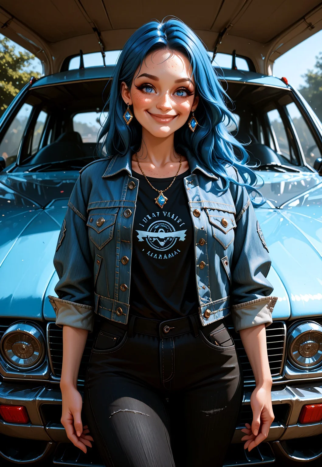 masterpiece, best quality, very aesthetic, absurdres, VD1F4NT4, 1girl, solo, ground vehicle, blue hair, motor vehicle, jewelry, blue eyes, pants, denim jacket, necklace, jacket, long hair, looking at viewer, denim, smile, lips, black shirt, shirt, earrings, jeans, black pants, freckles, collarbone, car, open clothes