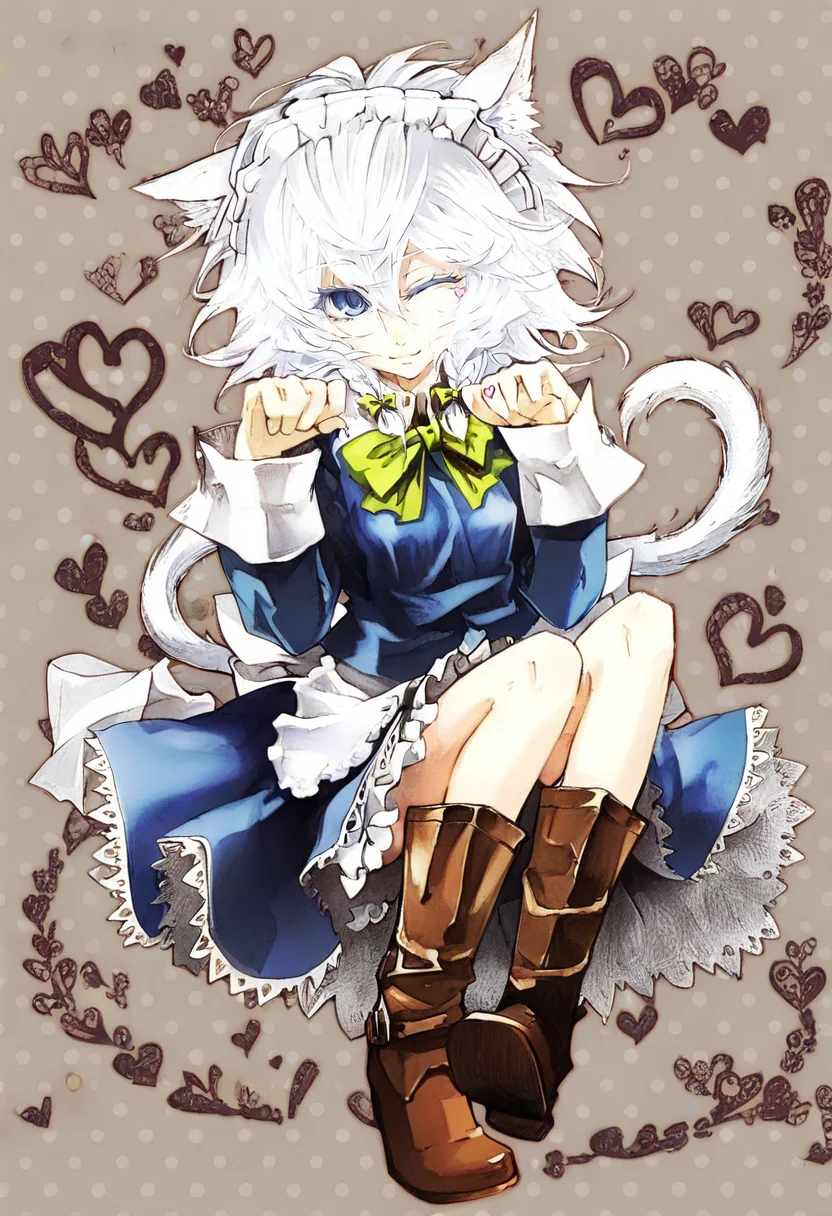 1girl, solo, animal ears, tail, izayoi sakuya, kemonomimi mode, cat ears, white hair, cat tail, one eye closed, maid headdress, boots, maid, braid, short hair, blue eyes, twin braids, heart <lora:banpaiAkiraOSXL_NBVP1_lokr_V6311P:0.95>