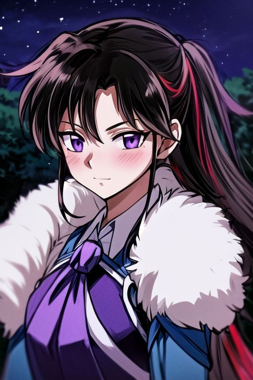masterpiece,  best quality 1girl Setsun4 solo long hair,  (night time) forest background black hair very long hair purple eyes multicolored hair armor (fur trim) (medium body),<lora:EMS-179-EMS:0.800000>,<lora:EMS-293862-EMS:0.800000> bow, hair_bow, hair_tubes, red_bow, brown_hair, long_hair, bangs, ascot, frilled_bow, yellow_ascot, blush, smile, hair_between_eyes, athletic, armor, miko