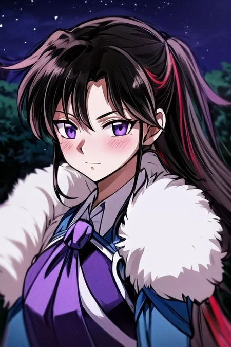 masterpiece, best quality 1girl Setsun4 solo long hair, (night time) forest background black hair very long hair purple eyes multicolored hair armor (fur trim) (medium body),<lora:EMS-179-EMS:0.800000>,<lora:EMS-293862-EMS:0.800000> bow, hair_bow, hair_tubes, red_bow, brown_hair, long_hair, bangs, ascot, frilled_bow, yellow_ascot, blush, smile, hair_between_eyes, athletic, armor, miko