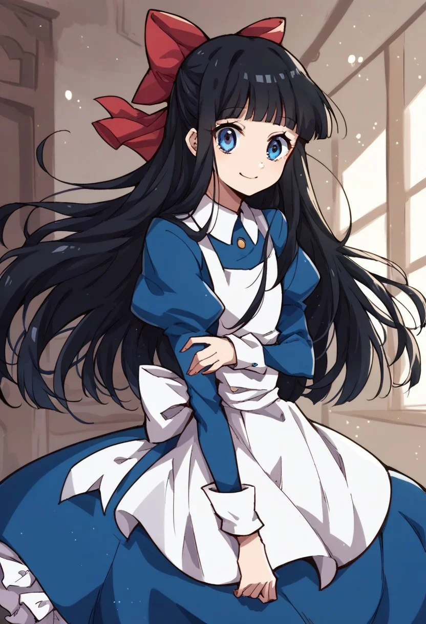 score_9, score_8_up, score_7_up, source_anime,
ayadrevis, <lora:aya-drevis-ponyxl-lora-nochekaiser:1>,
aya drevis, long hair, blue eyes, black hair, hair bow, red bow, bangs, blunt bangs,
long sleeves, dress, frills, puffy sleeves, apron, blue dress, indoors, solo, cowboy shot, straight-on, smiling, cute smile,
