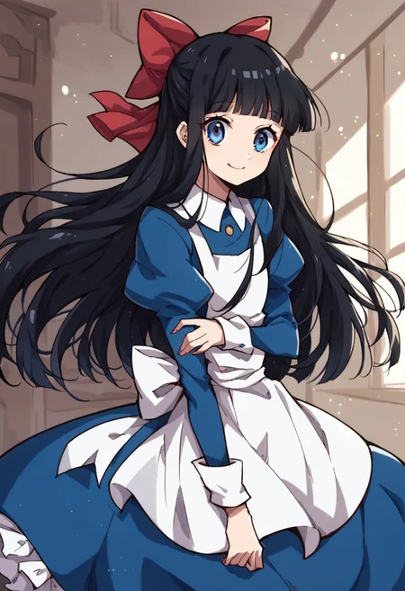 score_9, score_8_up, score_7_up, source_anime,
ayadrevis, <lora:aya-drevis-ponyxl-lora-nochekaiser:1>,
aya drevis, long hair, blue eyes, black hair, hair bow, red bow, bangs, blunt bangs,
long sleeves, dress, frills, puffy sleeves, apron, blue dress, indoors, solo, cowboy shot, straight-on, smiling, cute smile,