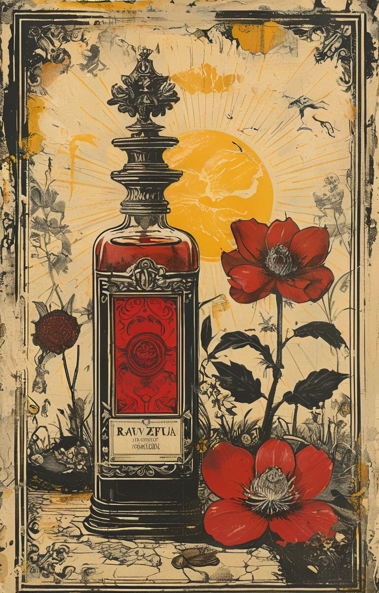 masterpiece,best quality,<lora:tbh238-sdxl:0.9>,illustration,style of Ravi Zupa, A bottle of perfume in garden