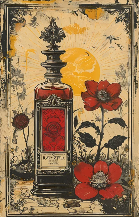 masterpiece,best quality,<lora:tbh238-sdxl:0.9>,illustration,style of Ravi Zupa, A bottle of perfume in garden