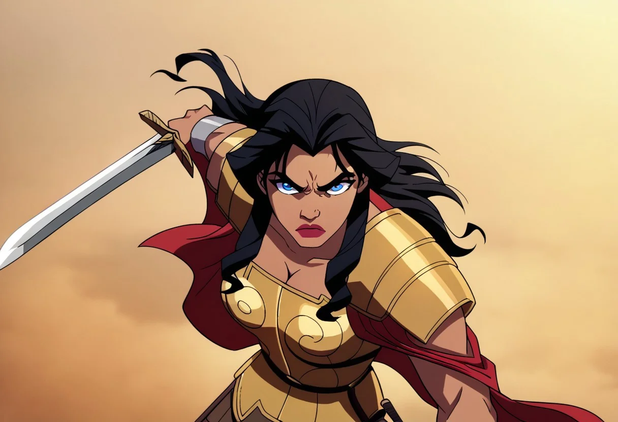 score_9, score_8_up, score_7_up, hippolyta, long hair, blue eyes, black hair, makeup, lipstick, armor, Greek armor, golden armor, cleavage, 1girl, cape, looking at viewer, solo, defined, helmet, attic helmet, loose hair, (hair loose), fighting stance, sword, shield