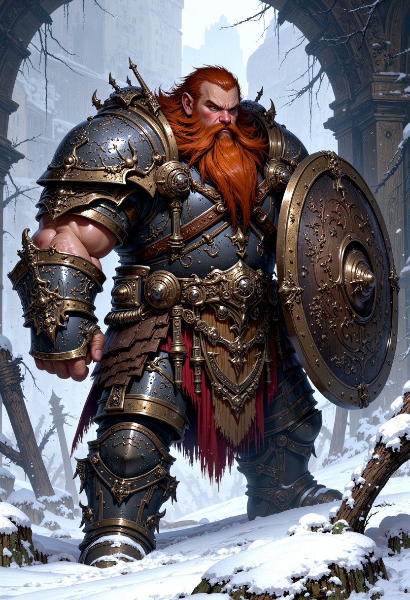 mythp0rt, dwarf warrior, long beard, heavily armored, shield, fantasy, epic, in the snow
 <lora:FluxMythV2-000009:1>