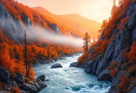 A breathtaking watercolor painting captures a desolate autumnal mountain range - cover partially with a morning fog at sunrise, where fiery oranges and deep umbers dominate the landscape. Wild foliage clashes with jagged rock formations in a deep canyon, their intricate details meticulously rendered in the style of Ash Thorp and Ian McQue. A torrential river in shades of blue, carves its path through the wilderness, its rapids contrasting to the eerie stillness of the scene. The use of color splash adds a dynamic element, emphasizing the raw beauty and solitude of this remote location. This artwork, with its meticulous attention to detail and vibrant hues, creates an immersive experience, inviting viewers to explore the mysteries and wonders of this desolate, autumnal realm.