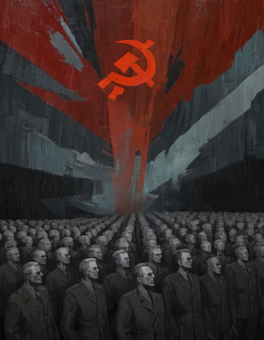 surreal painting of communist propaganda, dark theme, abstract painting background,  <lora:DiscoDeliriumXL-v1.2:1>