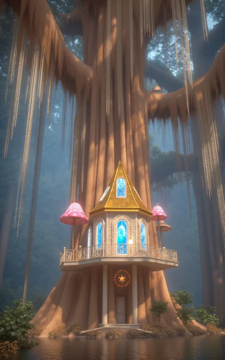A whimsical treehouse built into the trunk and branches of a massive ancient tree,surrounded by an enchanted glowing forest. Golden sunlight filters through the dense canopy,casting soft light beams and floating golden dust particles through the air. The treehouse features fantasy architecture: glowing mushrooms,stained glass windows,vine-covered wooden beams,and delicate balconies. Full panoramic wide-angle view showing the treehouse nestled within the magical forest,dreamy and luminous daytime atmosphere,<lora:aidmaMJ6.1_v0.5_3:0.6>,aidmaMJ6.1,<lora:detailifier_sd3.5:1>,detailifier,
