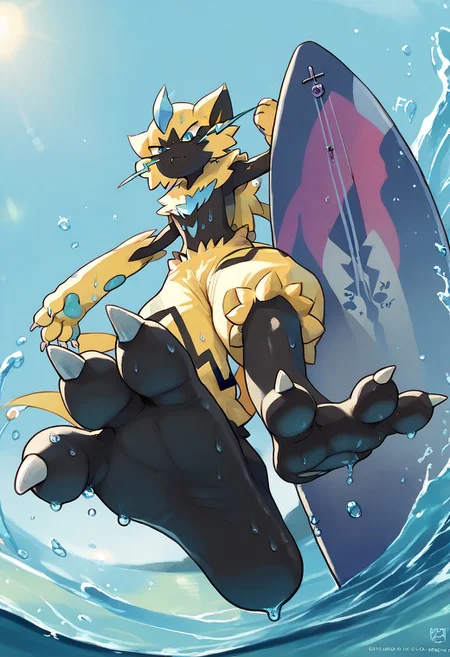<lora:SlimesZeraora:1>, score_9, score_8_up, score_7_up, slimes_zeraora, solo, dark feet, 3 toes, foot focus, feet style, foot style, water, surfing, feet on surfboard, wet on feet, close-up